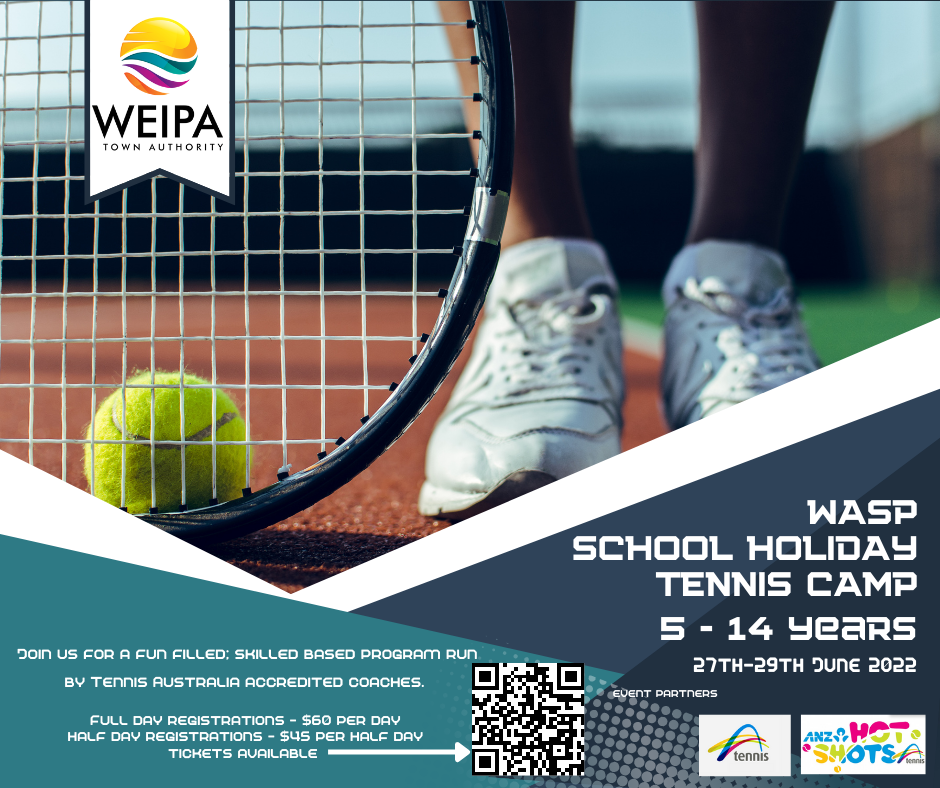 Join us for the inaugural WASP School Holidays Tennis Camp, brought to you by Weipa Town Authority. 
This camp is a fun filled, skill based program run by Tennis Australia Coaches, in partnership with Tennis Australia and the ANZ Hot Shots. No tennis experience is necessary, just a willingness to give it a go.
Activities include interactive tennis, field and multi-sports and may include swimming at the Weipa Aquatic Centre. *Conditions apply.
Tickets are strictly limited and are available via the following link:
www.waspschoolholidaytenniscamp.floktu.com   